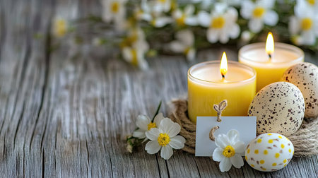 A close-up of a scented candle gift set with spring flowers and an Easter card, placed on a rustic wooden table.の素材