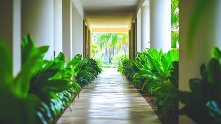 A serene pathway surrounded by lush greenery invites relaxation in a tropical paradise. The light-filled corridor offers a tranquil escape amidst vibrant natural beauty.の素材