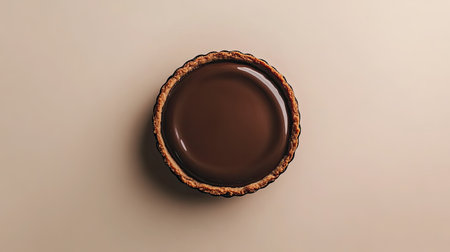 A minimalist presentation of a chocolate tart with smooth ganache filling, centered on a plain table.の素材