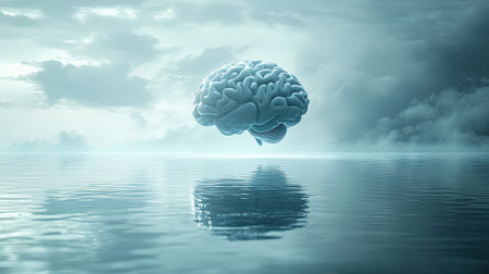 Abstract tech-inspired AI brain floating on a smooth reflective surface with negative spaceの素材