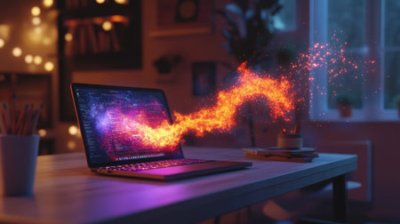 Futuristic workspace with a glowing laptop and holographic data streams floating aroundの素材