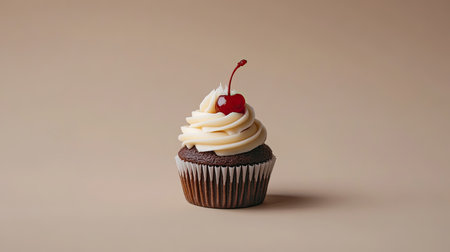 A small chocolate cupcake topped with a cherry, placed on a neutral background for a minimalist look.の素材