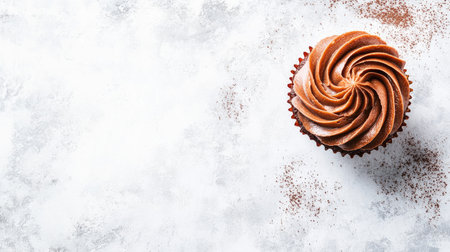 A small chocolate cupcake with piped frosting, placed in the corner of the frame with empty space for text.の素材