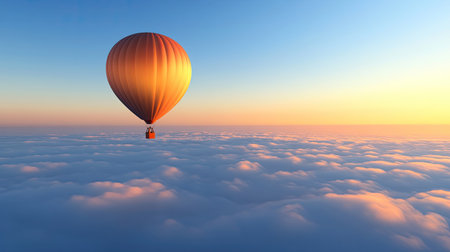 A vibrant hot air balloon gracefully floats above soft clouds during a breathtaking sunrise. The serene scene captures the essence of adventure and tranquility in the sky.の素材