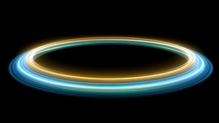 This image features an abstract light ring effect in blue and yellow tones against a dark background, perfect for creative and modern design projects.の素材