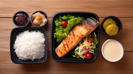 A visually appealing meal featuring grilled salmon served with fresh vegetables and white rice, beautifully arranged in a black container on a warm wooden table.の素材