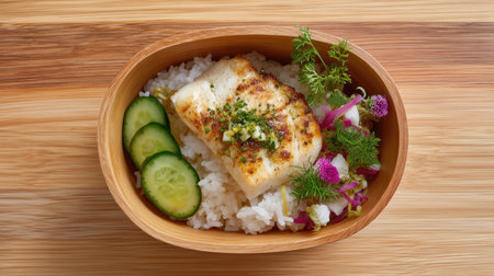 A beautifully arranged meal featuring a grilled fish fillet on a bed of fluffy rice, garnished with fresh cucumber slices and colorful vegetables.の素材