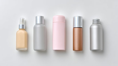 A visually striking collection of cosmetic containers showcasing various styles and materials, perfect for use in beauty and skincare product presentations.の素材