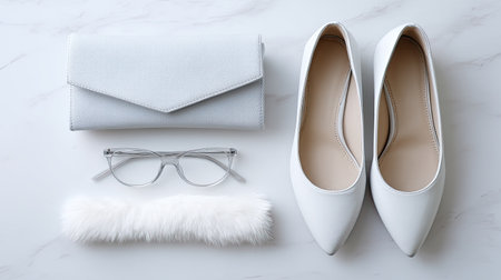 Discover a beautifully arranged flat lay of white fashion accessories, featuring elegant shoes, a stylish purse, chic glasses, and soft faux fur, perfect for inspiration.の素材