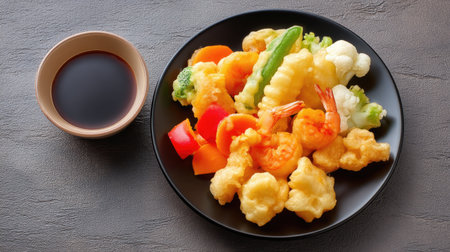 An inviting plate of assorted vegetable tempura and shrimp, perfectly fried and served with a flavorful dipping sauce. Ideal for culinary enthusiasts.の素材