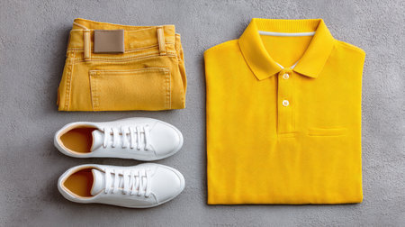 This image showcases a vibrant yellow casual outfit, featuring a polo shirt, stylish jeans, and fresh white sneakers, perfectly arranged against a grey background.の素材