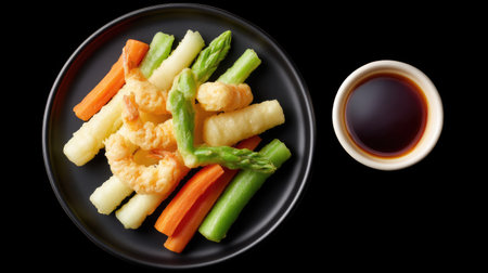 A visually appealing arrangement of colorful vegetables and shrimp on a black plate, perfect for showcasing healthy dining options or culinary presentations.の素材