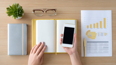 A clean and organized business workspace featuring a smartphone, notebook, glasses, and financial charts on a wooden desk, ideal for productivity and planning.の素材