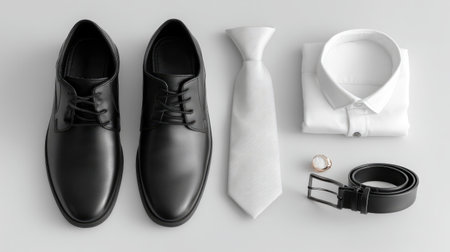 This sophisticated flat lay arrangement features formal shoes, a crisp white shirt, a light tie, a sleek belt, and a classic watch on a gray background, perfect for showcasing elegant business attire.の素材