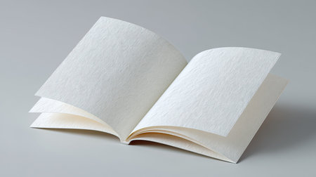 This image features an open book with blank, textured pages in a minimalist setting. Perfect for inspiring creativity, writing, or artistic projects.の素材