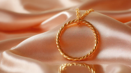 This stunning image features an elegant golden pendant gracefully resting on luxurious satin fabric. The intricate design highlights fine craftsmanship, perfect for showcasing luxury jewelry.の素材