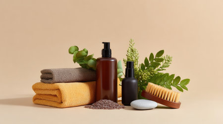 A serene and elegant spa arrangement featuring natural skincare products, soft towels, and a wooden brush set against a minimalist beige background.の素材