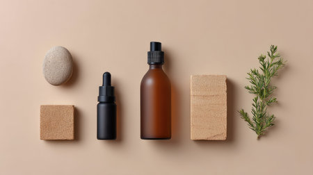 Explore a serene flatlay featuring natural beauty essentials such as glass bottles, droppers, stones, and fresh herbs on a soft background, perfect for minimalist designs.の素材