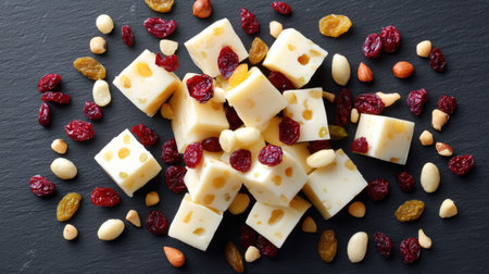 An appealing display of cheese cubes surrounded by colorful dried fruits and nuts on a dark slate background, perfect for a snack or appetizer setting.の素材