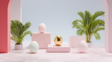 A captivating arrangement of colorful eggs, including a golden egg, set against a tranquil pastel background with lush green plants, showcasing modern minimalism.の素材