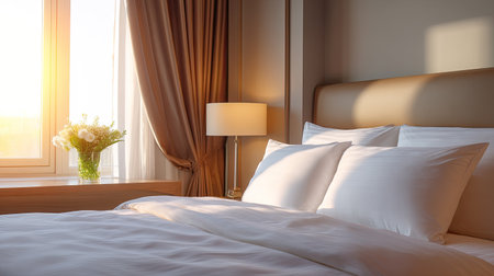 A serene bedroom scene filled with natural light, showcasing soft white bedding, elegant curtains, and a charming floral arrangement, perfect for relaxation.の素材