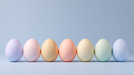 A stunning array of pastel-colored eggs arranged in a perfect row on a soft blue background, ideal for spring celebrations and Easter themes.の素材