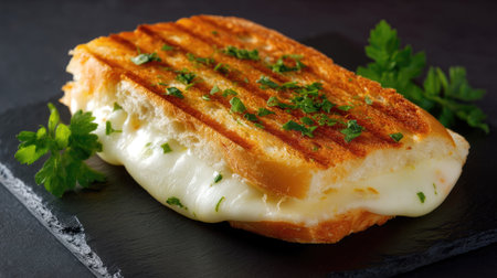 A delicious grilled cheese sandwich featuring gooey melted cheese sandwiched between perfectly toasted bread, garnished with fresh herbs on a slate plate.の素材