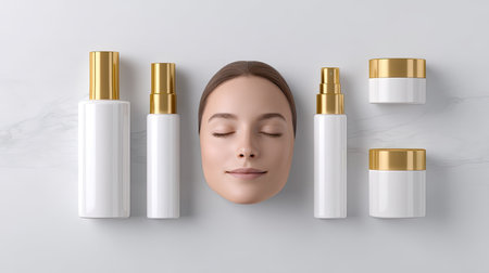 This image features various skincare products arranged around a serene and calming facial representation, ideal for promoting wellness and beauty routines.の素材