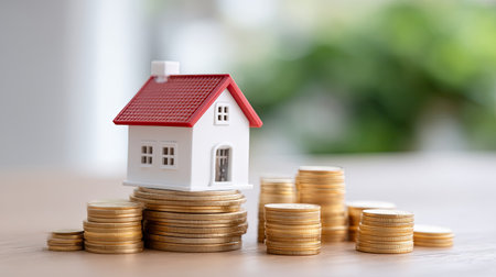 A tiny house model balanced on stacks of coins symbolizes the importance of real estate investment. This image highlights financial growth and smart planning.の素材
