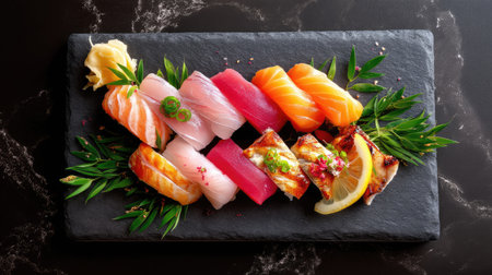 Indulge in a visually stunning assortment of fresh sushi featuring vibrant fish slices on a black slate plate, complemented by garnishes for an exquisite dining experience.の素材