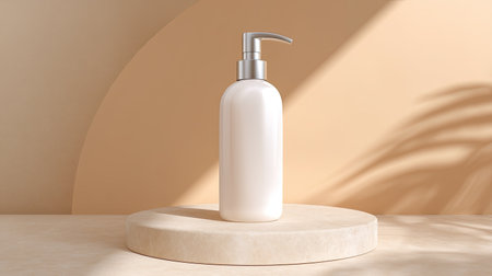 This image features a minimalist white pump bottle placed on a natural stone base, illuminated by soft lighting and gentle shadows, perfect for product display.の素材