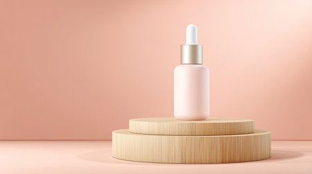 A charming pink cosmetic dropper bottle elegantly placed on a wooden platform, set against a soft pink background, perfect for showcasing beauty products.の素材