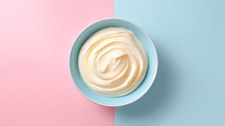 A visually appealing creamy dip sits in a blue bowl on a contrasting pink and blue background, perfect for highlighting culinary creativity and presentation.の素材