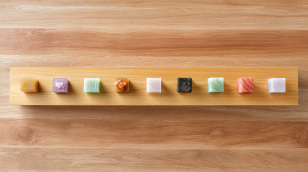 A vibrant assortment of artisan desserts displayed on a sleek wooden platter, showcasing a mix of textures and flavors ideal for culinary enthusiasts.の素材