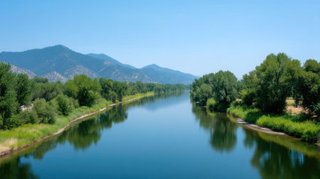 A stunning view of a tranquil river flowing through a landscape rich with greenery and mountains. Perfect for showcasing nature's beauty and serenity.の素材