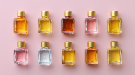 A visually appealing arrangement of colorful glass perfume bottles on a soft pink background, highlighting the beauty and diversity of fragrances for marketing and aesthetic purposes.の素材
