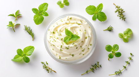 A creamy dip infused with fresh herbs like mint and thyme, beautifully presented in a glass bowl. Ideal for appetizers or healthy snacking.の素材