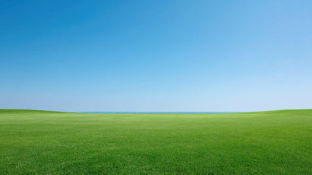 A stunning view of a vibrant green grass field under a clear blue sky, with the ocean horizon visible in the background. This tranquil scene captures the beauty of nature.の素材