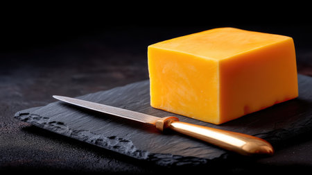 A captivating image of a block of orange cheese resting on a slate serving board next to a sleek knife, perfect for food photography and culinary art.の素材