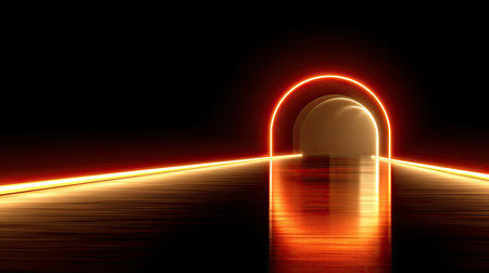 This striking image features an illuminated tunnel that shines with vibrant light effects against a dark background. The reflections create a serene atmosphere, perfect for modern art and design projects.の素材