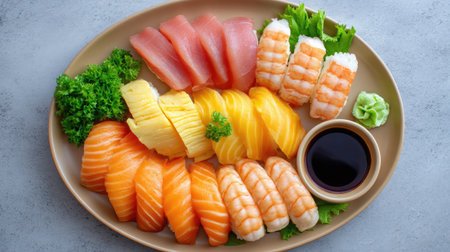 A beautifully arranged sushi platter featuring a variety of fresh seafood, including salmon, tuna, and shrimp, complemented by wasabi and soy sauce.の素材