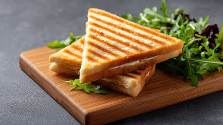 A delicious toasted sandwich served on a wooden board, accompanied by fresh greens, perfect for a modern kitchen setting or food photography.の素材