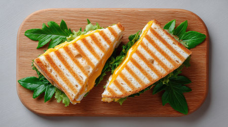 A delicious grilled cheese sandwich showcasing crispy edges and melted cheese, served on a wooden board with fresh greens for a delightful presentation.の素材