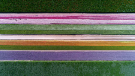 An aerial view captures vibrant horizontal stripes of colorful plants and crops arranged in neat rows, showcasing nature's stunning patterns and colors.の素材