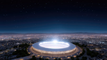 Stunning view of a modern stadium brightly lit at night, surrounded by a city skyline under a starry sky, showcasing architectural beauty and vibrant energy.の素材