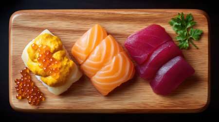 An exquisite sushi platter featuring fresh slices of salmon, tuna, and uni, accompanied by vibrant ikura beads, elegantly presented on a wooden board.の素材