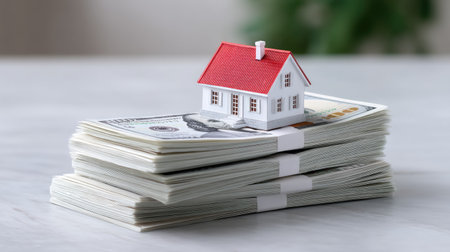A small model house positioned atop a neat stack of dollar bills illustrates the concept of financial investment in real estate and savings potential.の素材