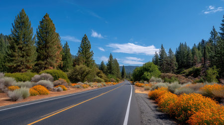 A captivating scene showcasing a winding highway enveloped by vibrant wildflowers and lush greenery under a serene blue sky. Perfect for travel themes.の素材