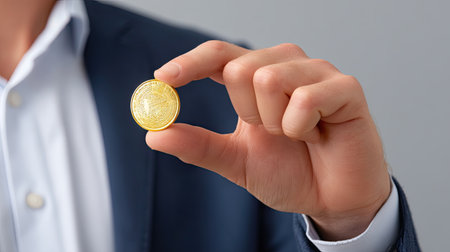 A stylish businessman holds a gold coin in his hand, representing investment and wealth in today's financial landscape, showcasing confidence and professionalism.の素材