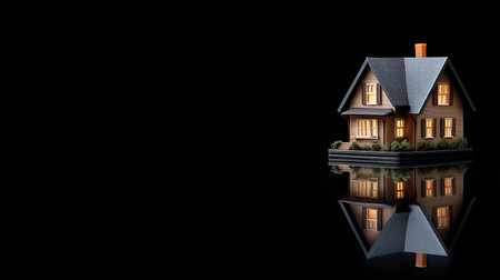 This striking image features a beautiful miniature house model elegantly illuminated against a black background, creating a captivating reflection.の素材